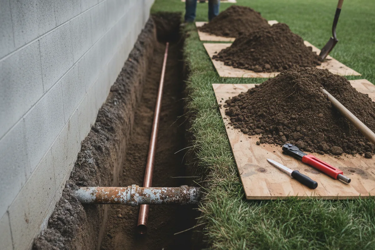 Excavated water line trench during Water Softener Installation in Gays Creek